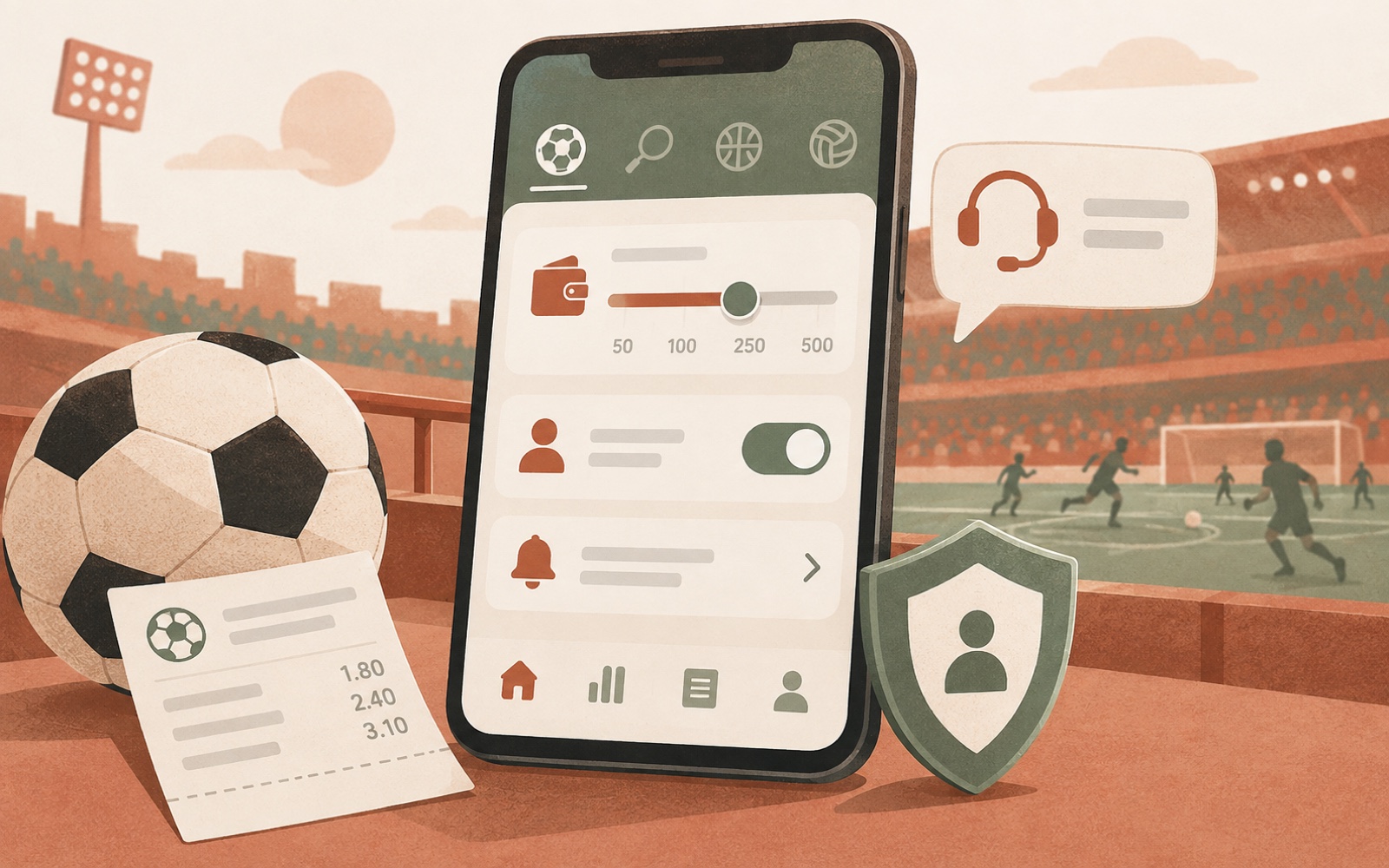 A phone showing betting account limits, a security lock and a complaints escalation path
