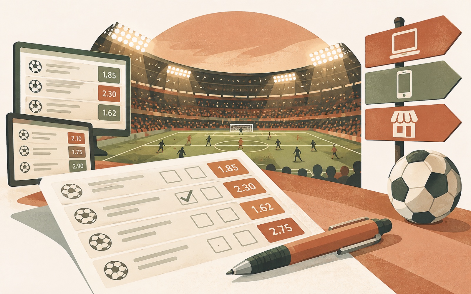 Diagram comparing decimal odds and the built-in bookmaker margin across betting sites